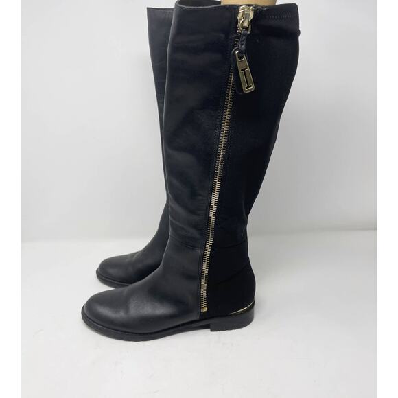 Issac Mizrahi Womens 6 Black Arno Leather Tall Boots Gold Exposed Zipper Flat - Picture 3 of 13